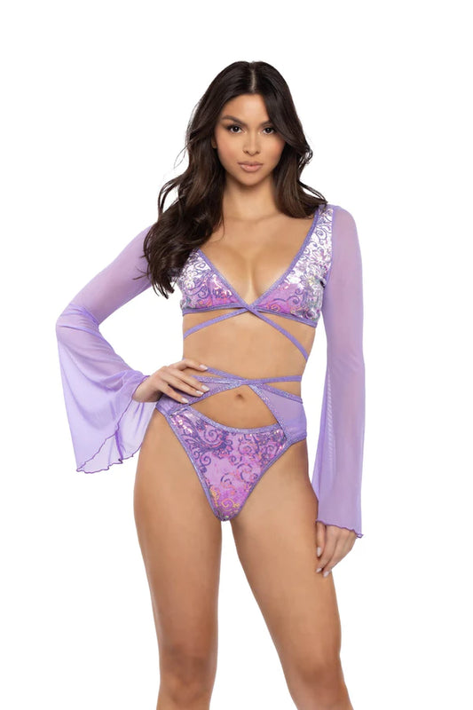 Sequin Velvet & Mesh Wrap Top - Lavender